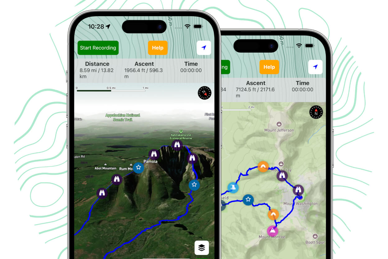 MyHikes app trail route in device, set on simple illustrated background.