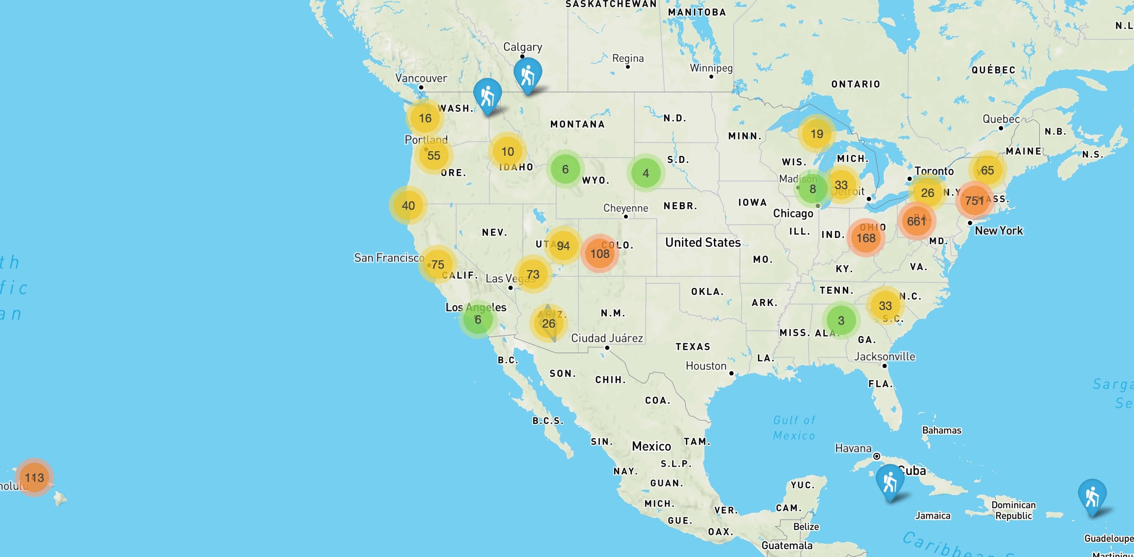 Trail map showing various locations in North America