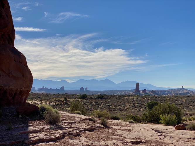View of the rock spire landscape and La Sal Mountains