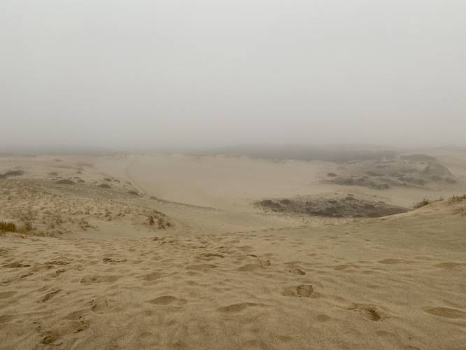 Rain and fog covering the large dunes