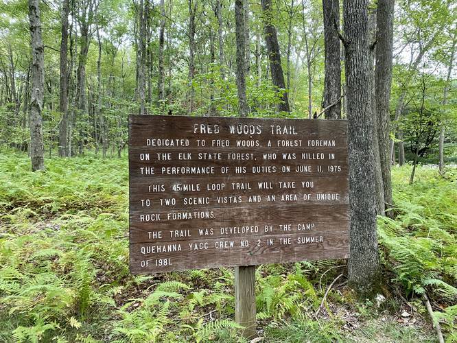 Fred Woods Trail sign after spur hike
