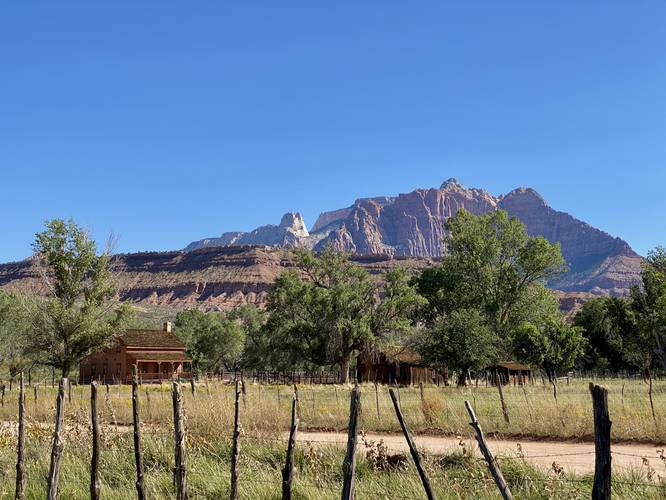 View of the Grafton ghost town with mountains of Zion National Park in the background