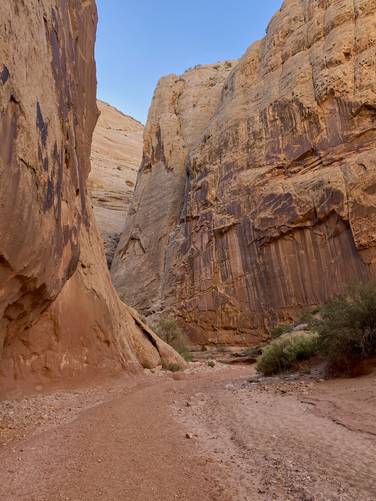 Hiking out of Grand Wash with towering cliffs