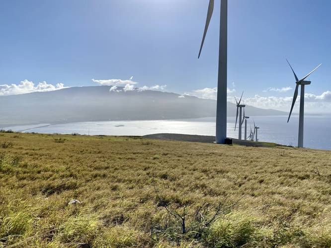 View from the mountain ridge wind turbines