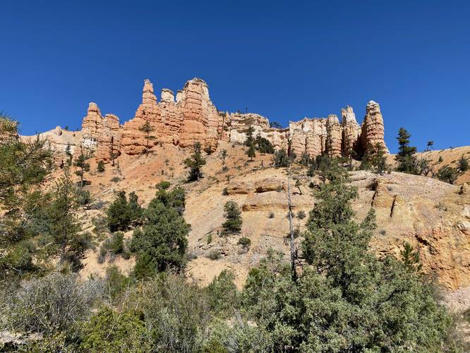View of rock spires along the Mossy Cave Trail