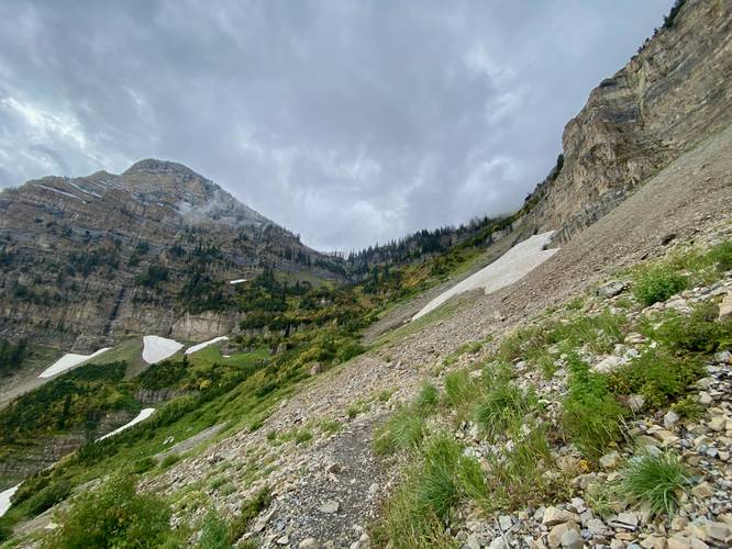 View up toward the headwall switchbacks after the clouds parted