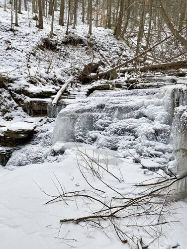 Frozen Middle Pinafore Falls (approx. 8 to 10-feet tall multi-tiered waterfall)