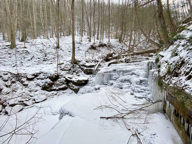 Frozen Middle Pinafore Falls (approx. 8 to 10-feet tall multi-tiered waterfall)