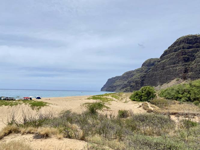 View of sand dunes and southern Na Pali coastal cliffs at Polihale State Park