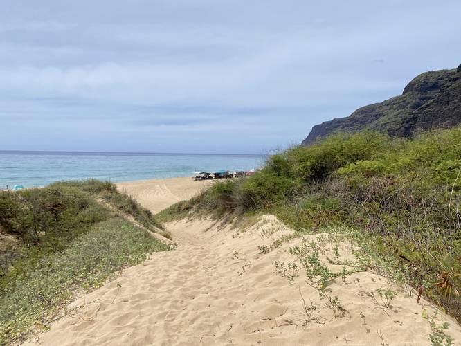 Hiking down to Polihale Beach with 4-wheel drive vehicles and tents on the beach below