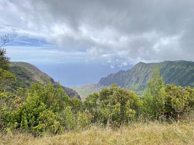 View of Kalalau Valley and jagged mountain ranges along the Na Pali coast from the Pu'u o Kila Lookout