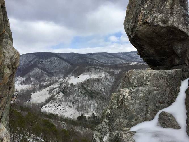 View east on the opposite side of Seneca Rocks from atop