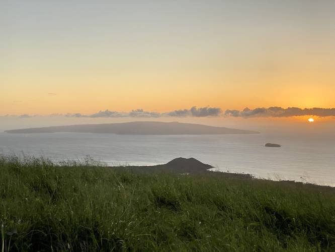 View of Kaho'olawe, Pu'u Olai, and Molokini Crater from the Ulupalakua Overlook at sunset