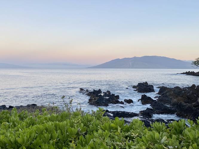 View of the West Maui Mountins from the Wailea Beach Path after sunrise